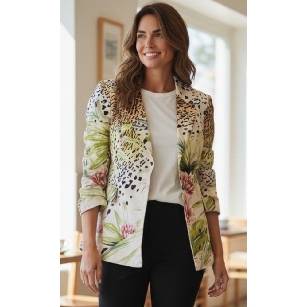 Impulse California Womens Blazer Jacket L Floral Leopard Print Rhinestone Button